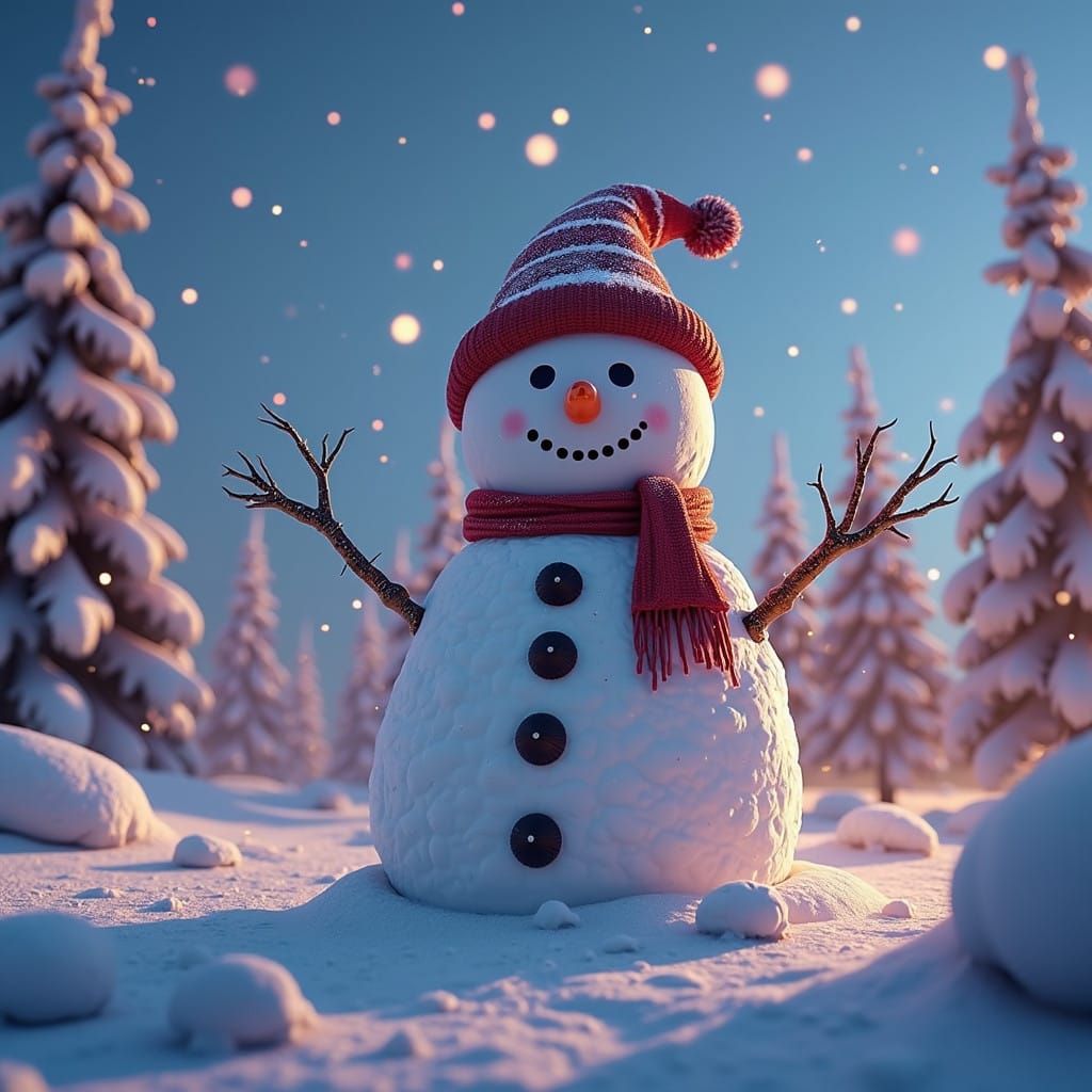 Sci-Fi Snowman in Futuristic Winter Landscape