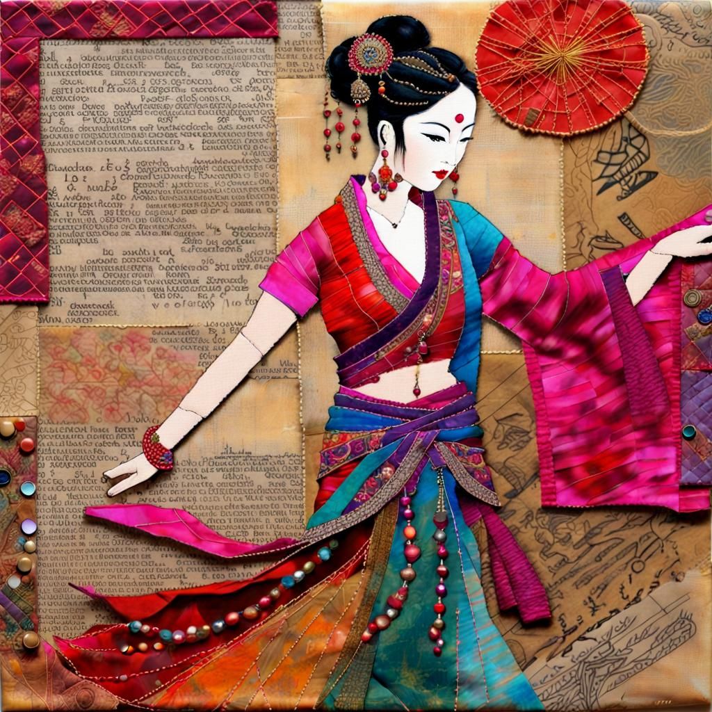 Silk Collage of Chinese Woman Dancing