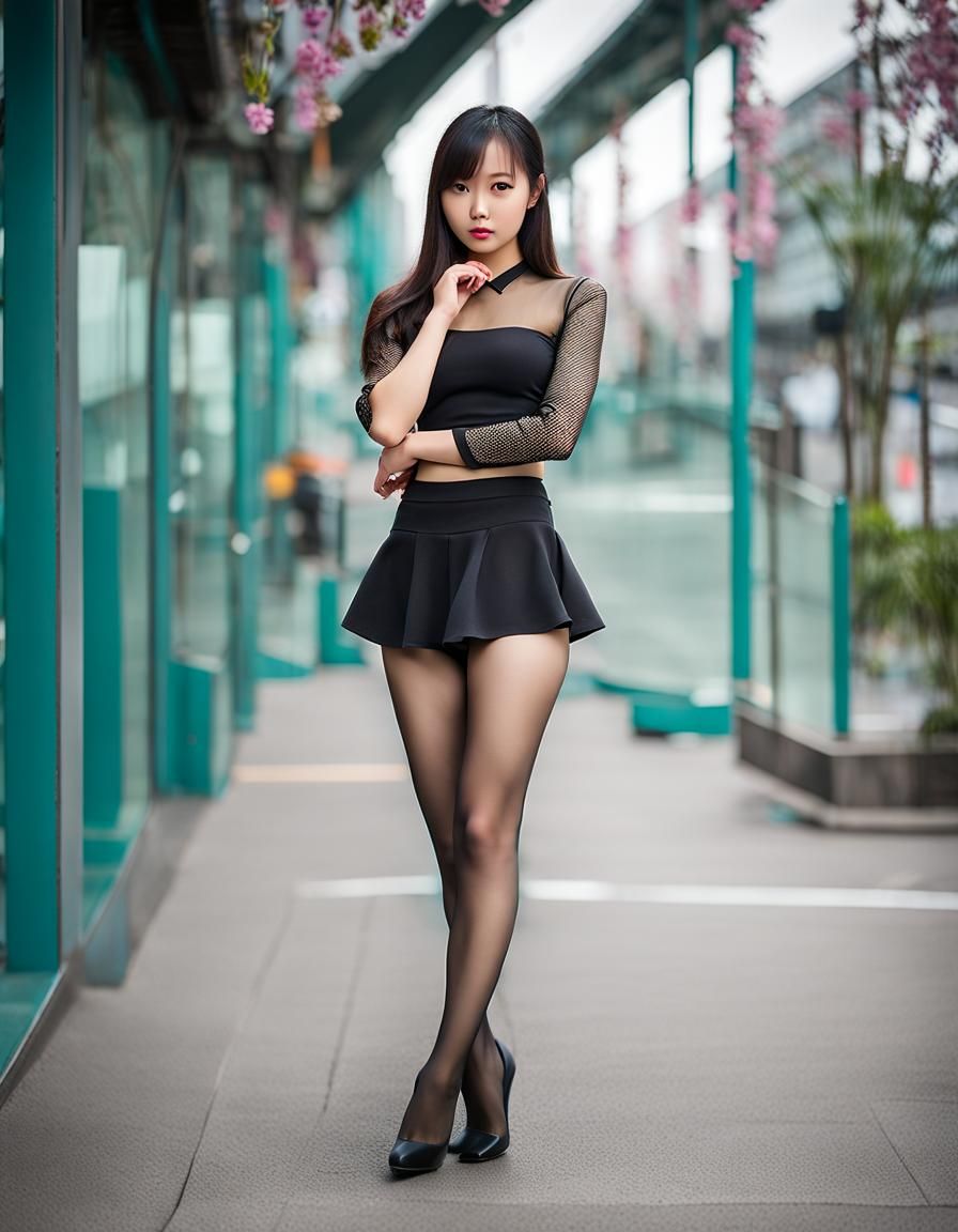Young asian girl wearing short skirt and a super tight-fitting (see-through:1.5) shirt and shiny pantyhose