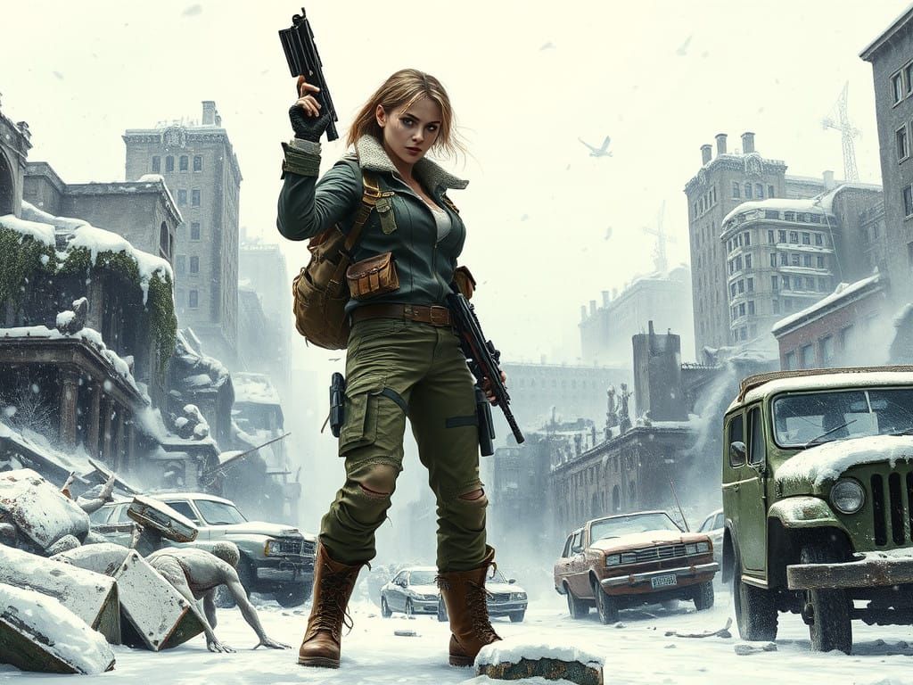 Fearless Female Survivor in Post-Apocalyptic Winter