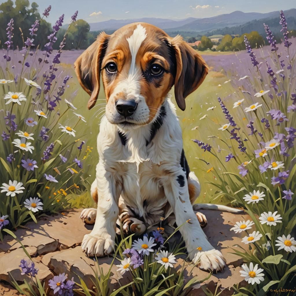 Hound Puppy in Lavender Field, Oil Painting
