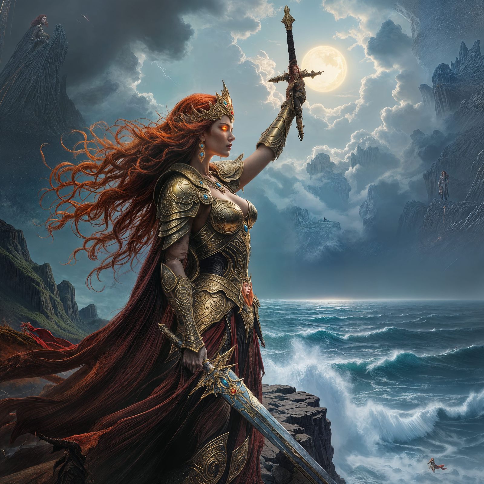 Crimson Haired Warrior Queen on Stormy Cliff