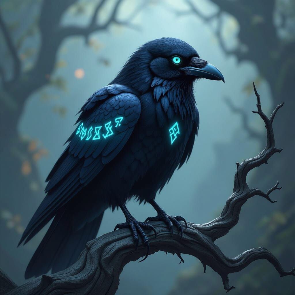 Dark Fantasy Raven Familiar With Glowing Runes
