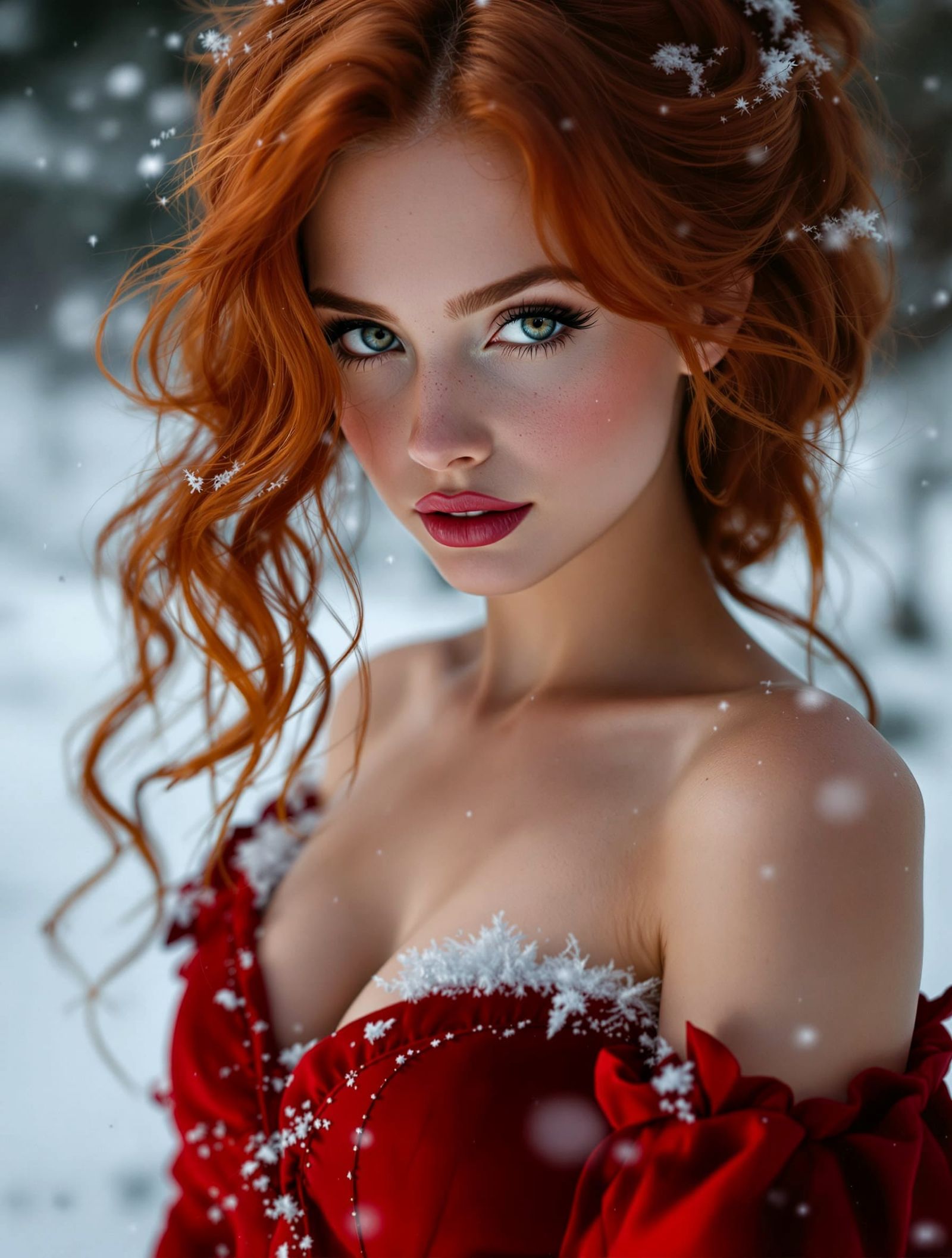 Photorealistic Redhead in Snow with Chiaroscuro Lighting
