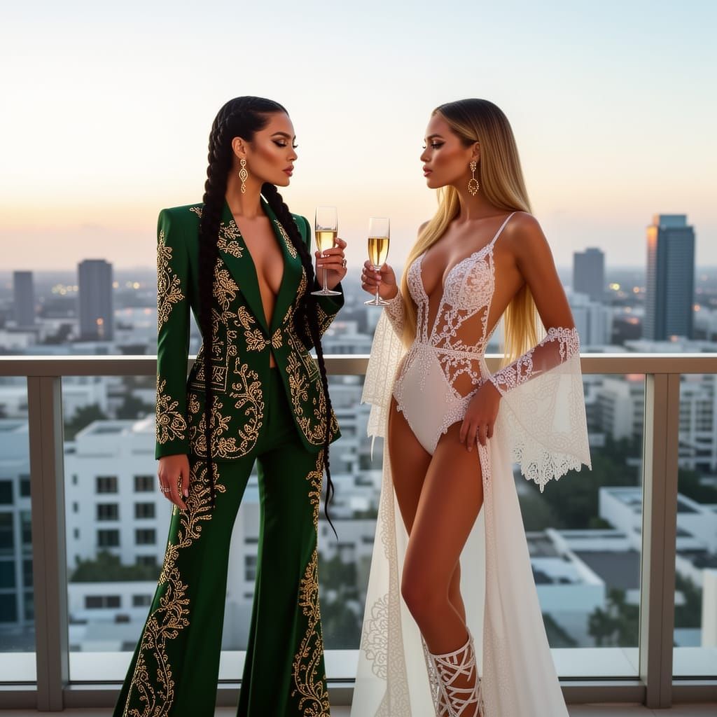 Two Elegant Goddesses Enjoy Champagne on Penthouse Balcony