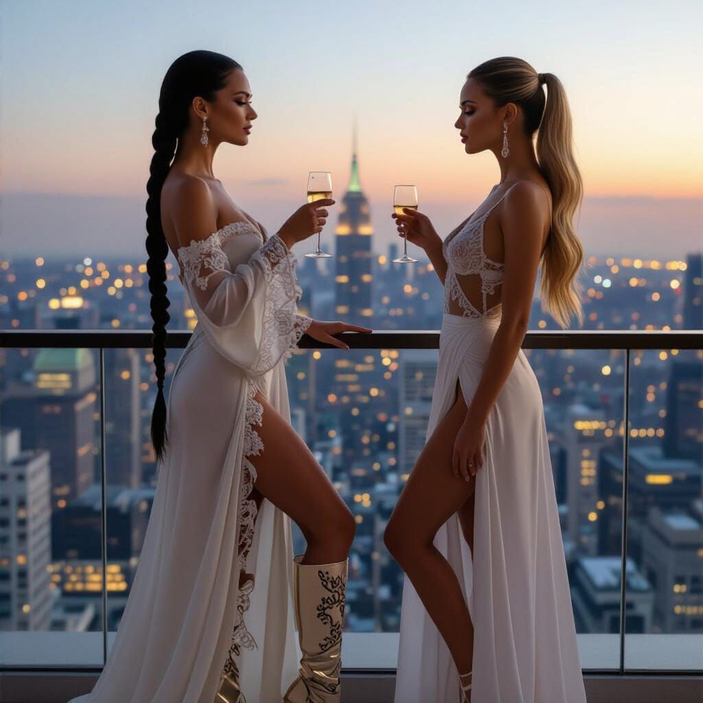 Elegant Goddesses on Penthouse Balcony at Twilight