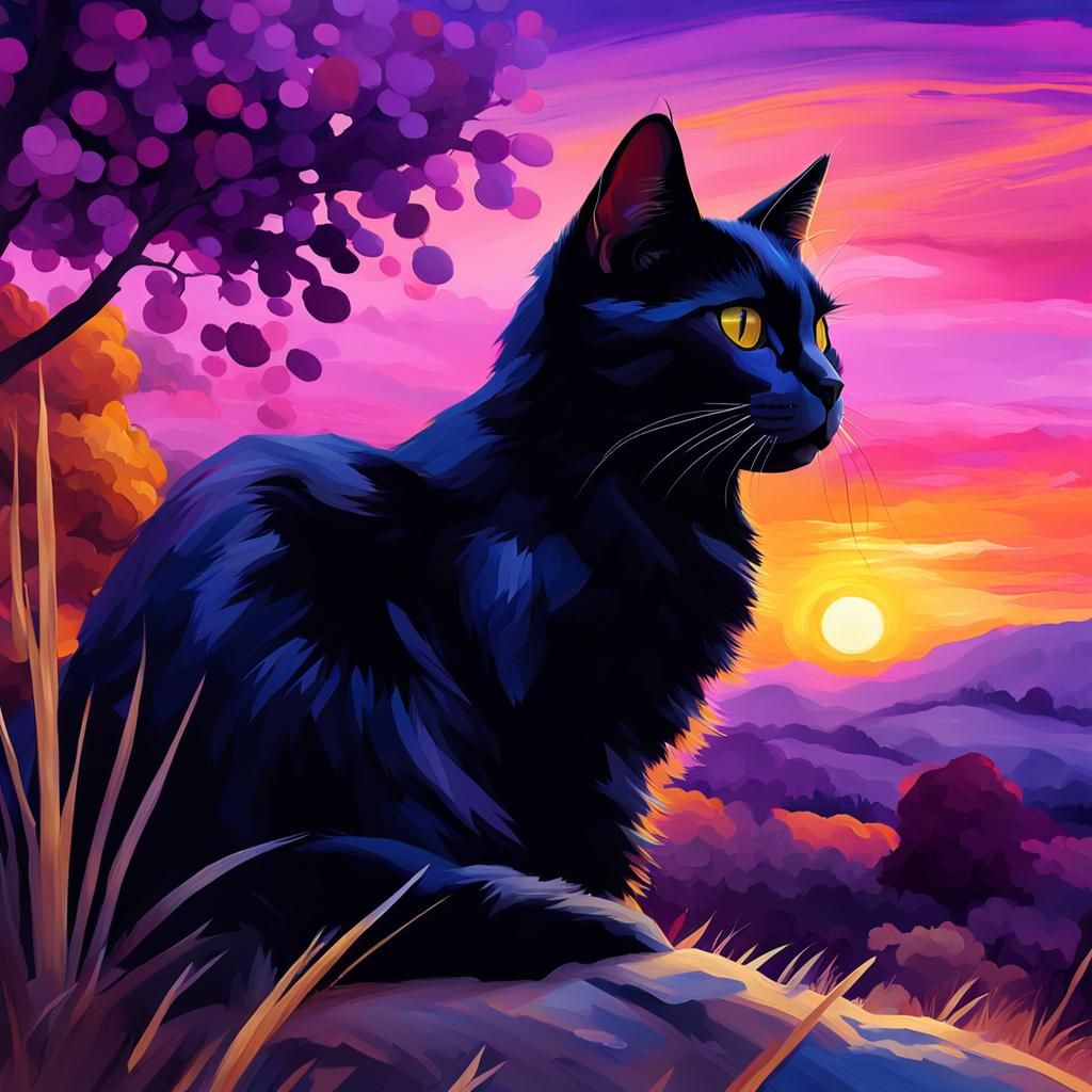 Elegant Black Cat in Serene Landscape Fine Art