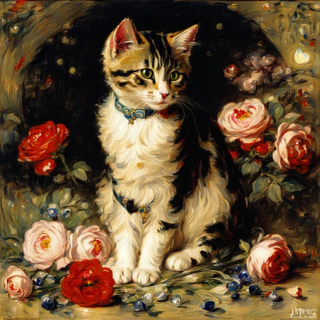 Cute Cat Portrait Surrounded by Flowers