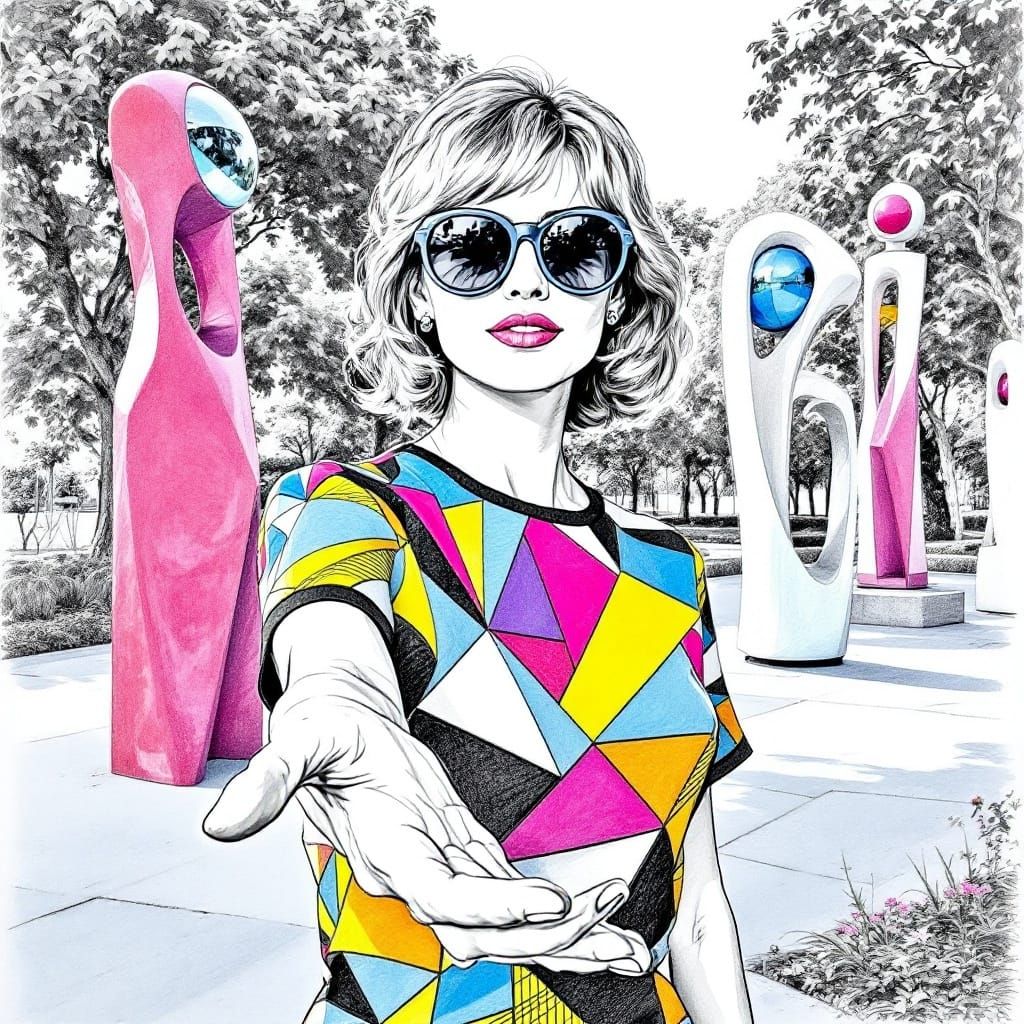 Woman in a Pop Art Park Scene with Contrasting Colors