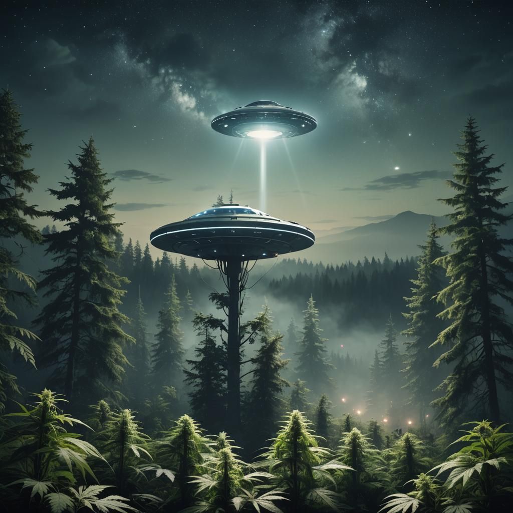 UFO Scans Cannabis Plant in Foggy Forest