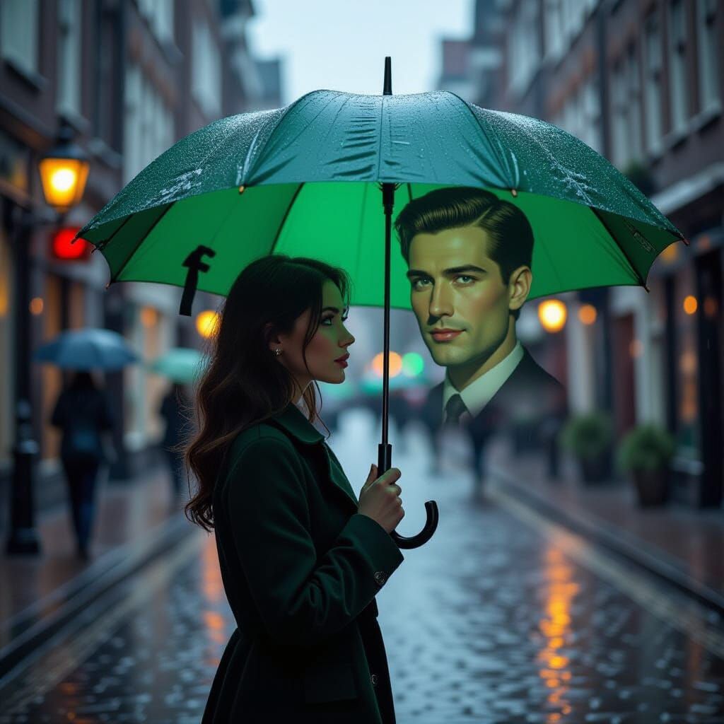 Woman Holds Umbrella With Husband's Face in Rainy Street