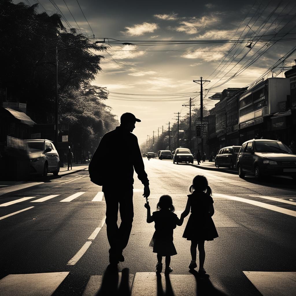 Silhouette of Father Helping Daughter Cross Street