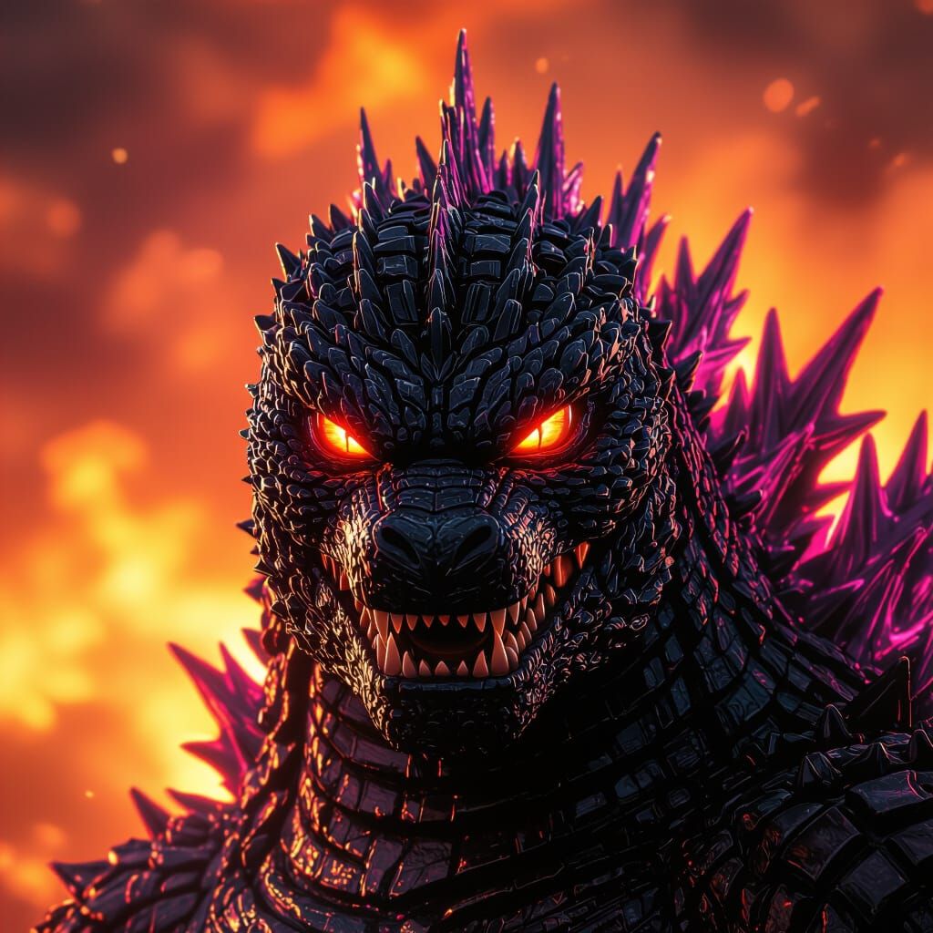 Godzilla 2000 Close Up with Magenta Flames and Fiery Eyes