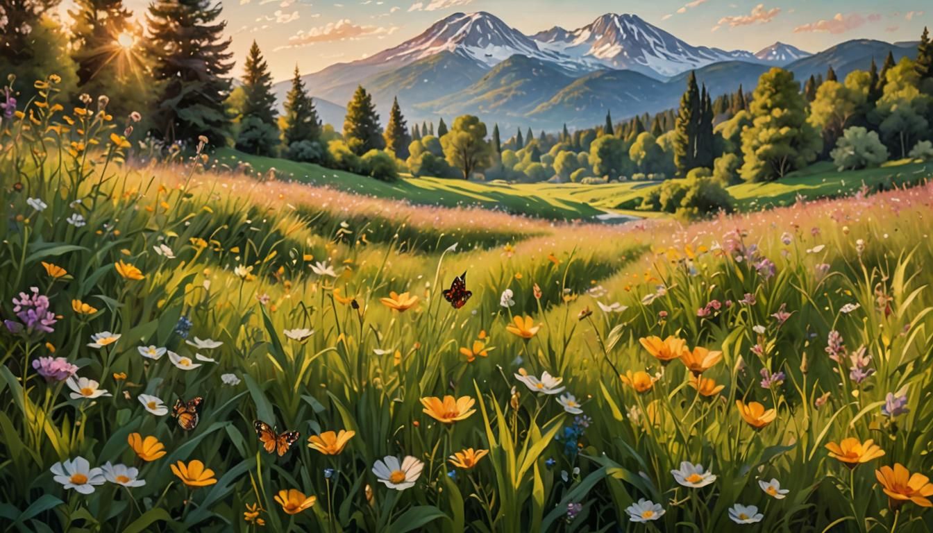 Idyllic Impressionist Meadow with Snow-Capped Mountain