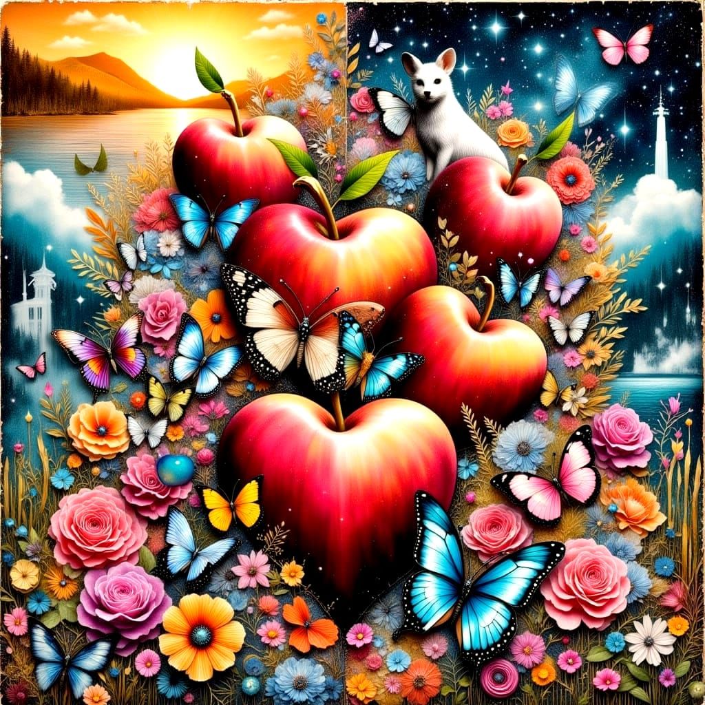 Vibrant Surreal Apple Collage with Textures and Hearts