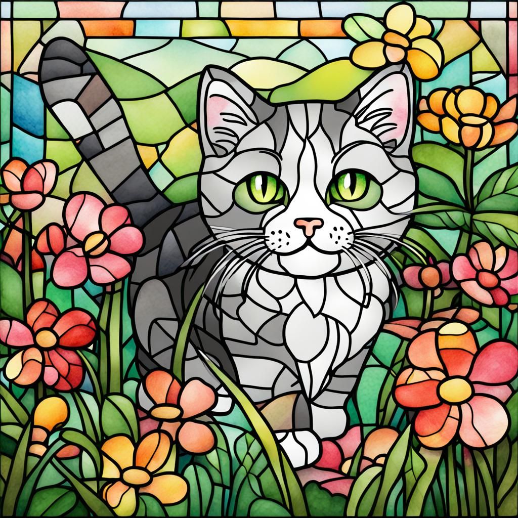 Stained Glass Chibi Cat in Flower Garden