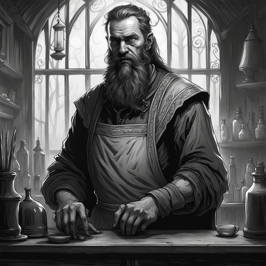 Gothic Portrait of Austere Longbeard Bartender
