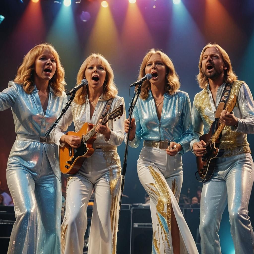 Vibrant ABBA Hologram Concert Scene in Splash Art Style