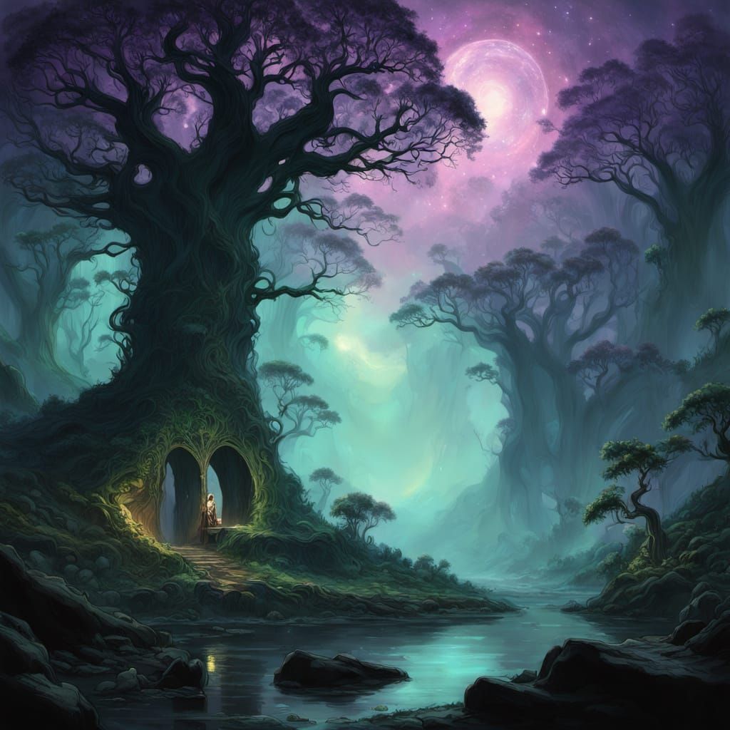 Ancient Archway to Bioluminescent Forest in Surreal Style