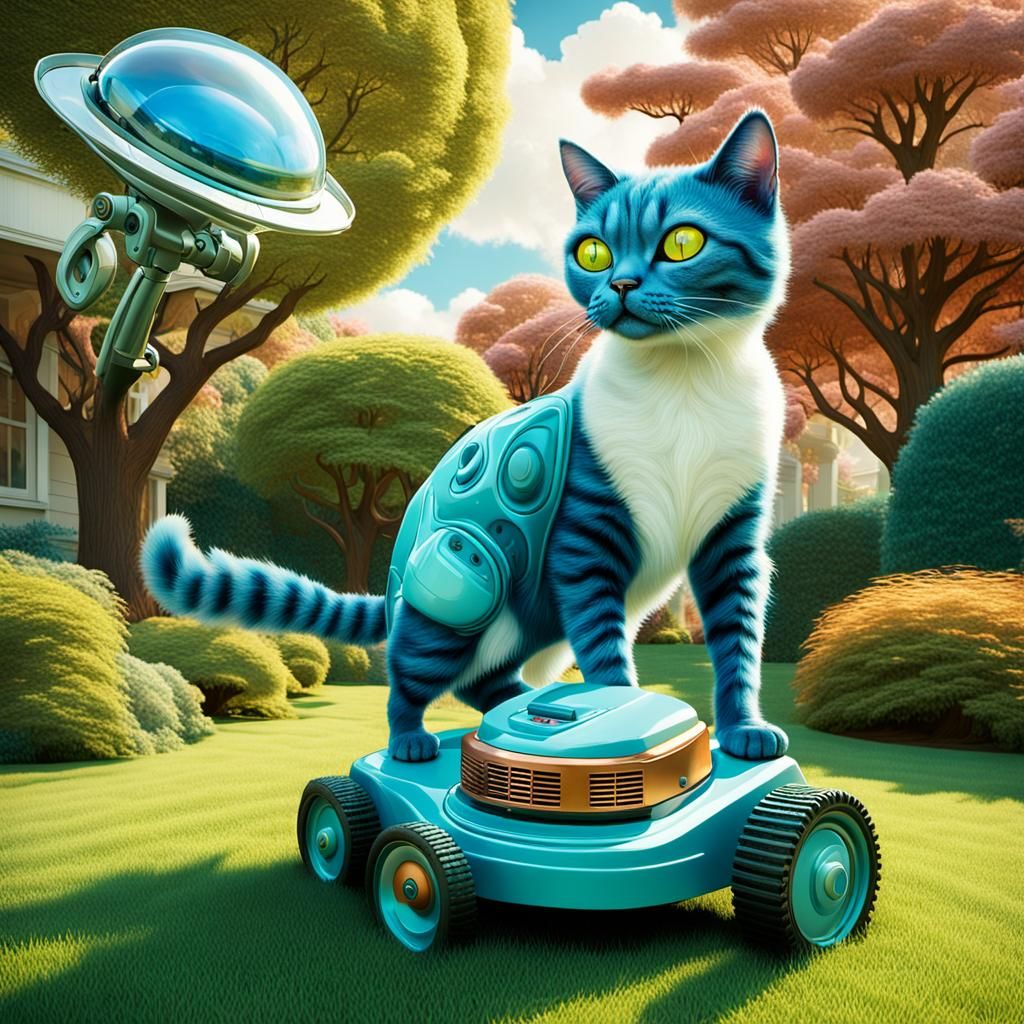 Surreal Blue Alien Mowing Lawn in Suburbs
