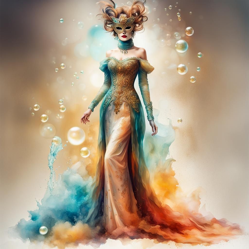 Venetian Masked Woman in Alcohol Ink Style