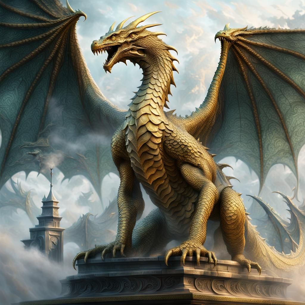 Golden Wyvern Statue in Ethereal Mist