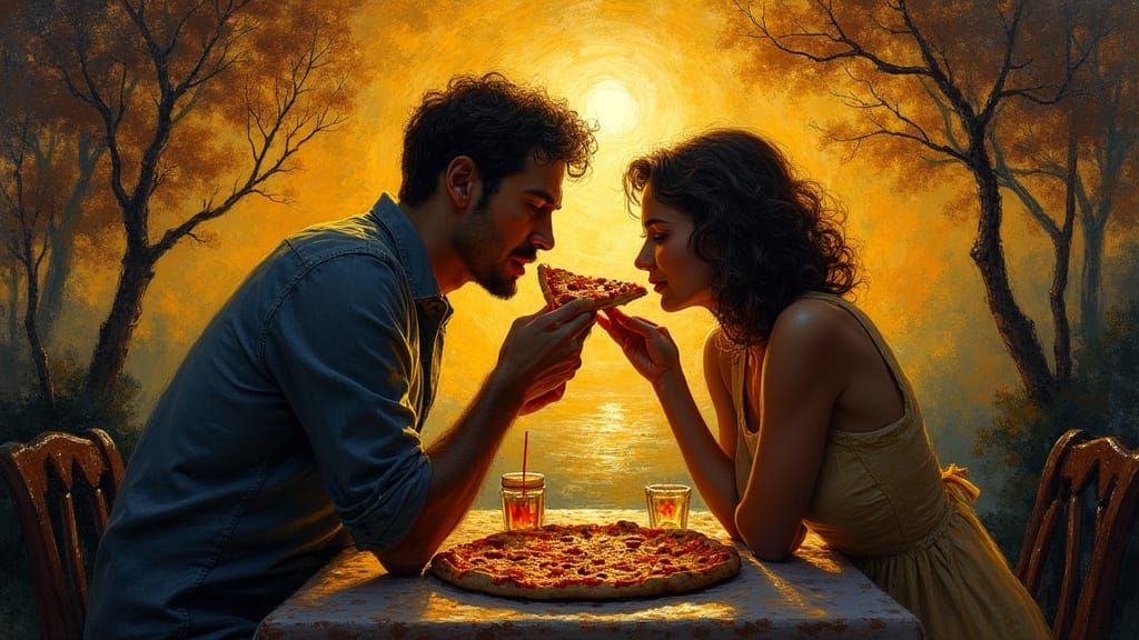 Romantic Pizza Night: Neo-Impressionist Expressionist Painti...