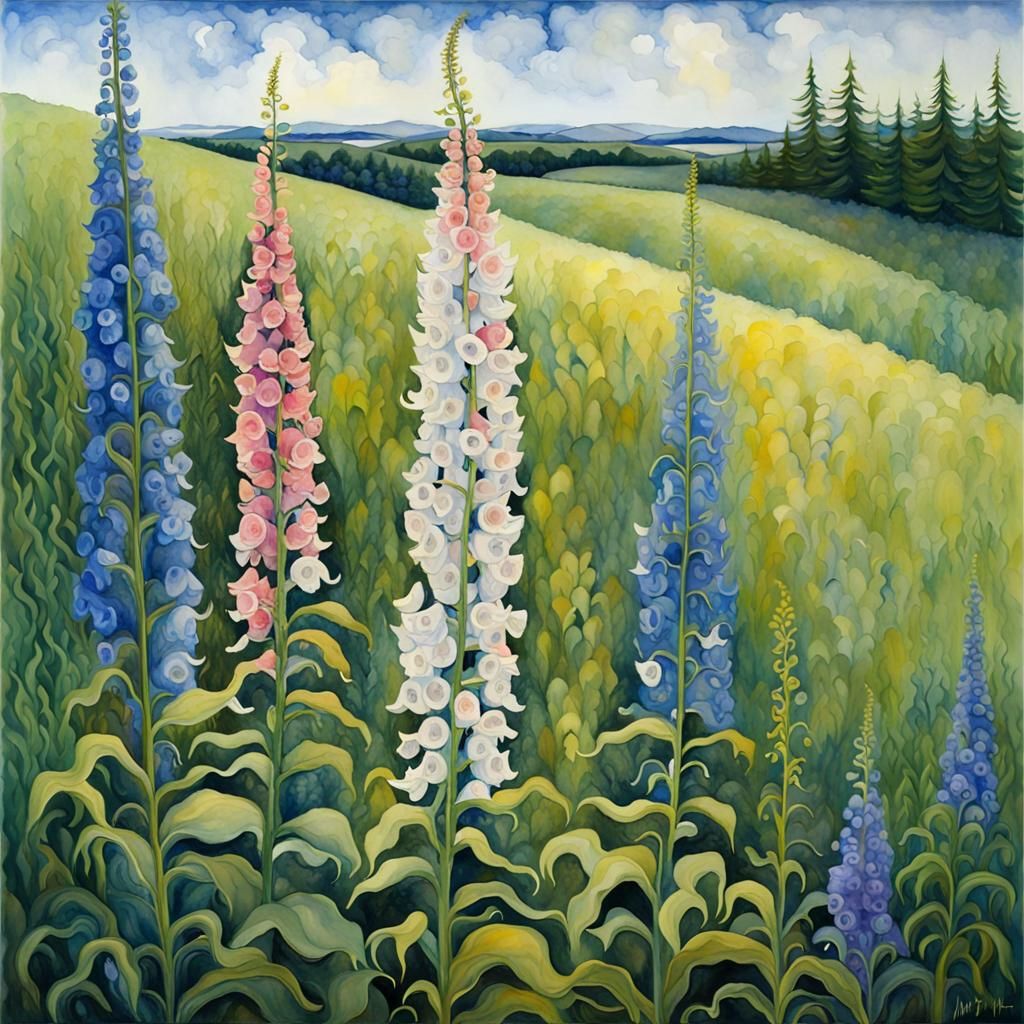 Foxglove Flowers: Surreal Fauvist Watercolor Oil Painting