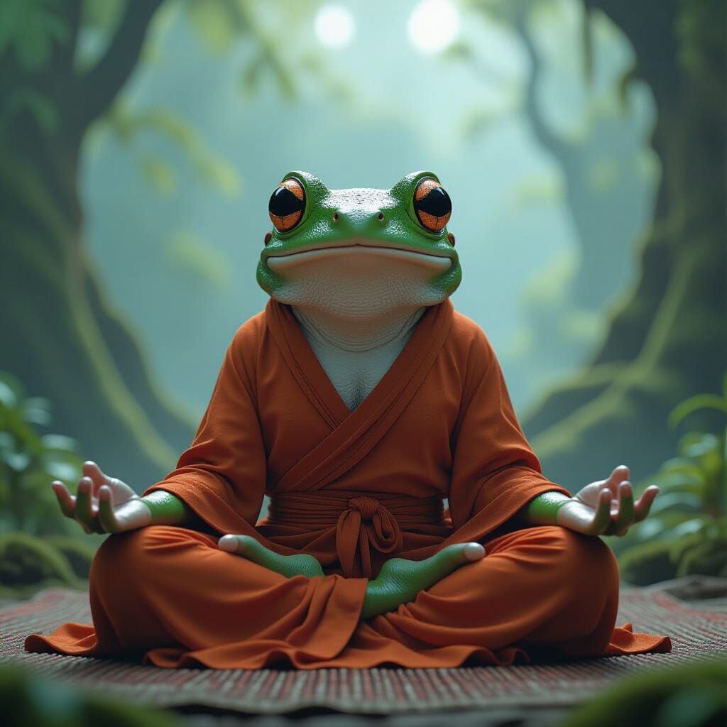 Meditating Frog in Mystical Forest, Digital Matte Painting