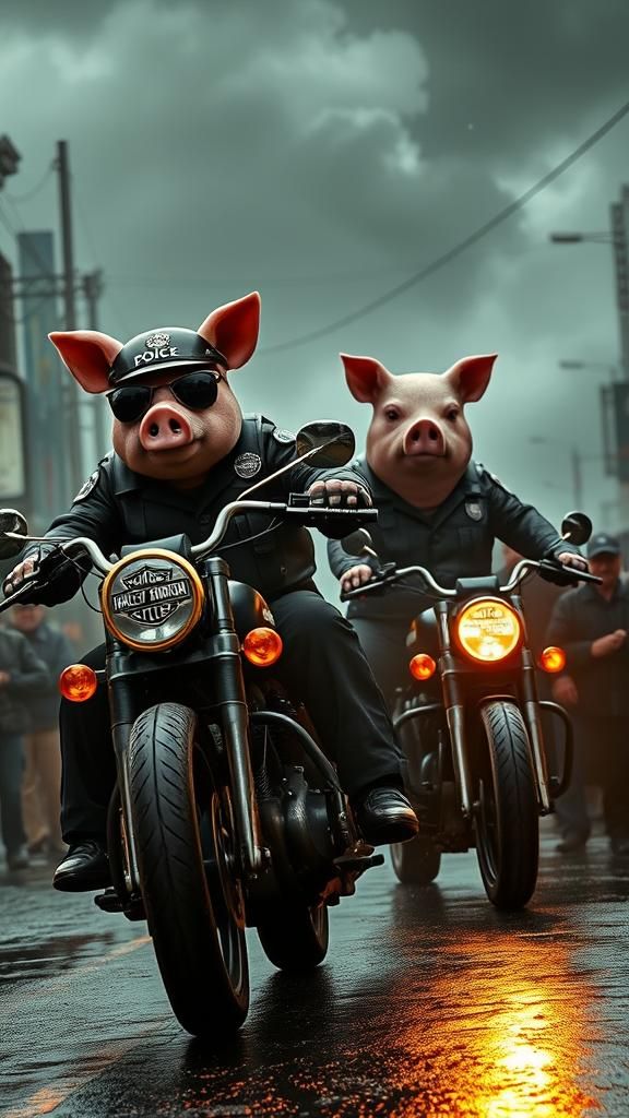Pig Police Officers Patrol Gritty City Street