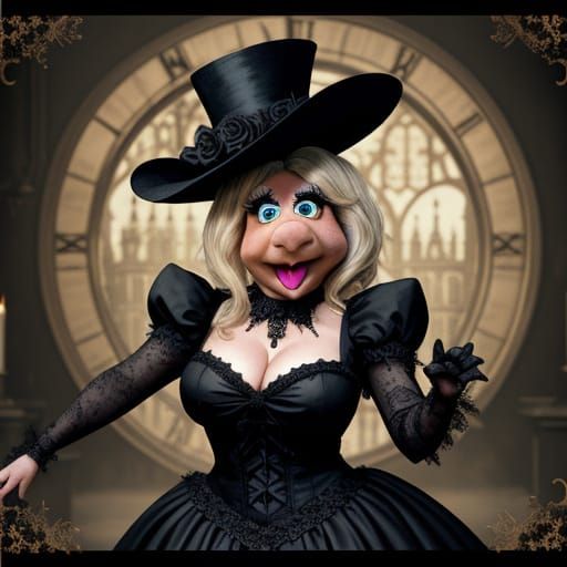 Miss Piggy in a Gothic horror setting, wearing a black dress...