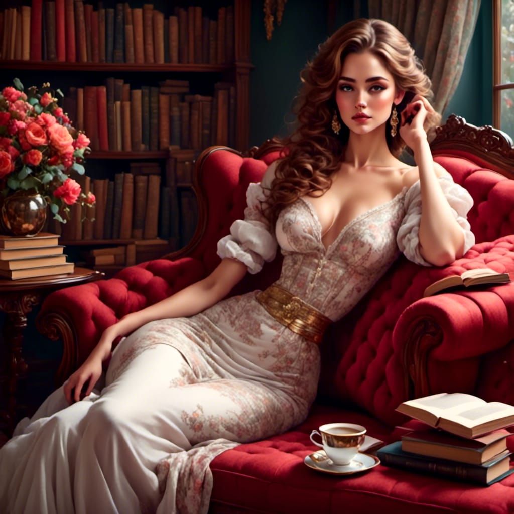 Beautiful Woman Lounging in Library: Coloring Book Style