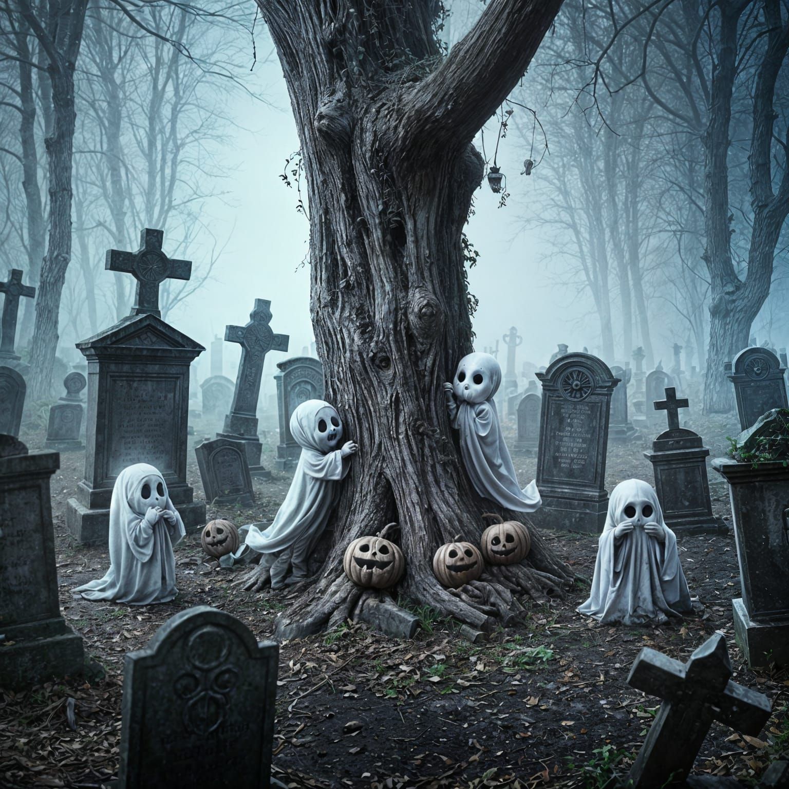 Ghosts Play in Dilapidated Graveyard