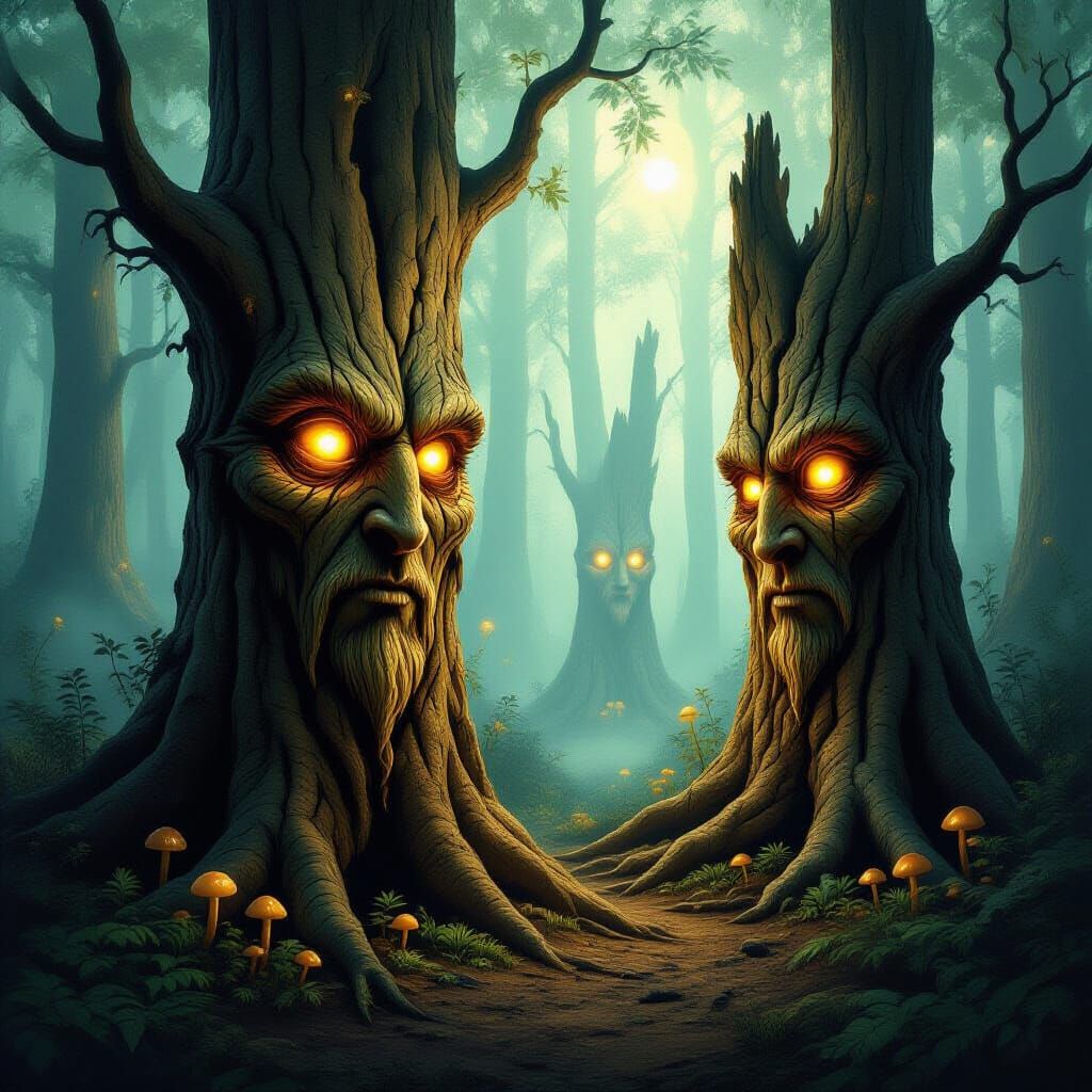 Mystical Wood Spirits Emerge in Forest with Orphism Lighting