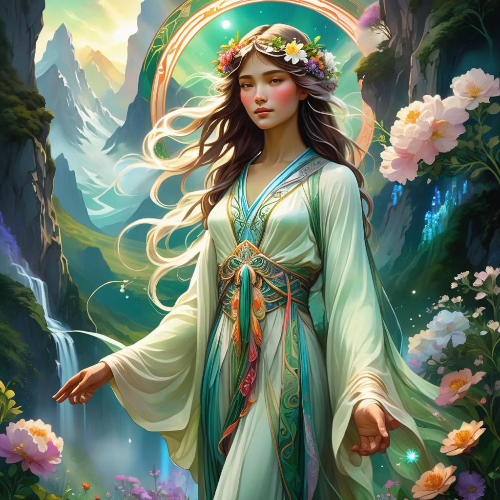Ethereal Being in Lush Landscape, Art Nouveau Style