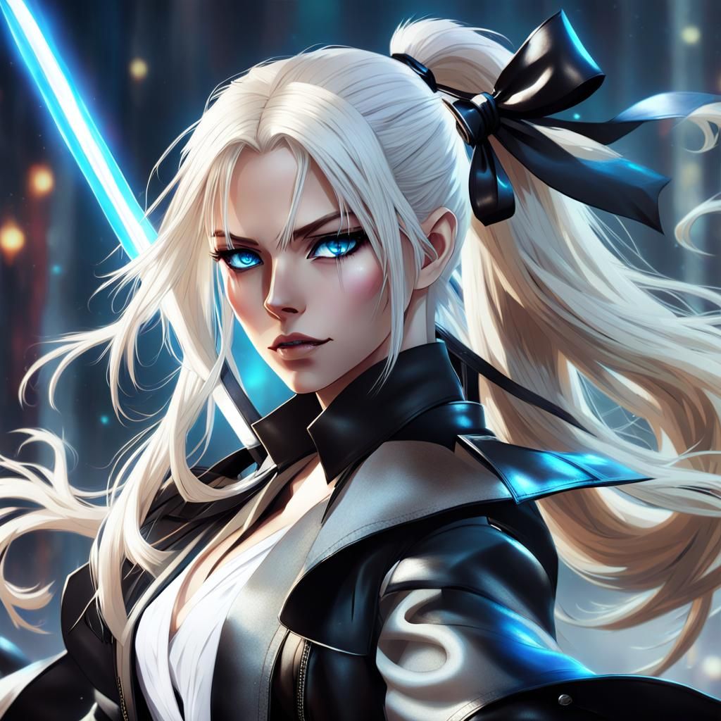 Dynamic Anime Warrior with Double-Bladed Sword