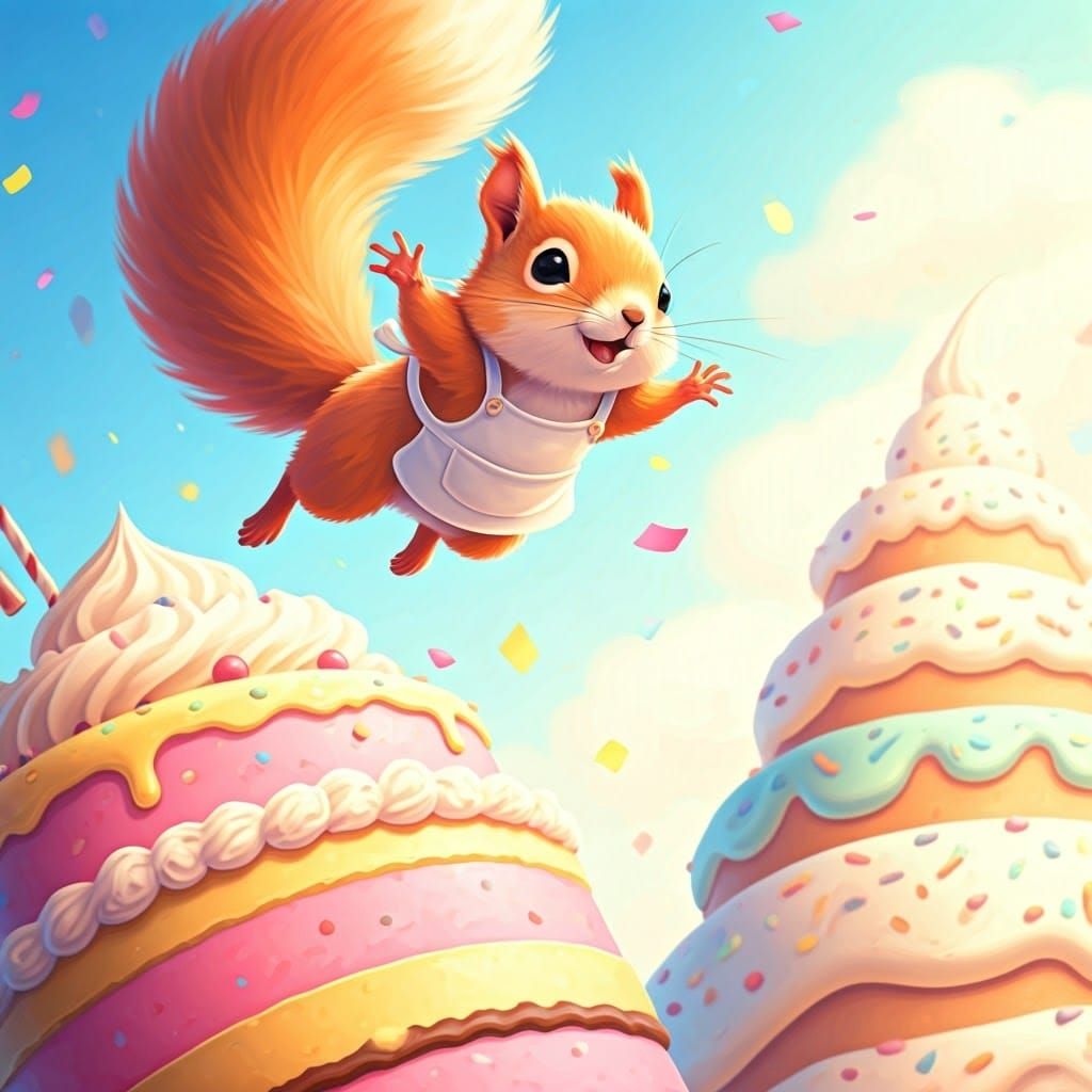 Squirrel Soars Through Whimsical Cake Wonderland