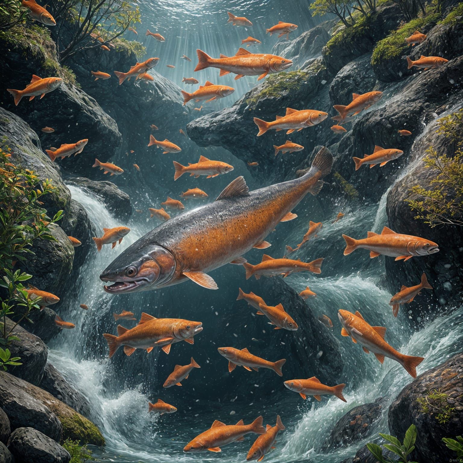 Salmon Swimming Upstream: Detailed Matte Painting