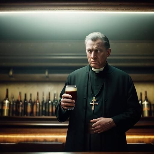 Catholic Priest at Bar Jukebox: Cinematic Film Still