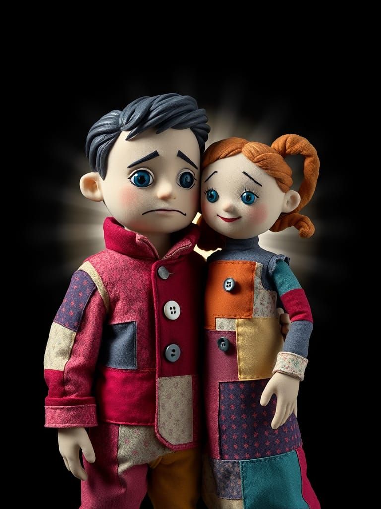 Sad Doll Comforted by Giant Patchwork Friend