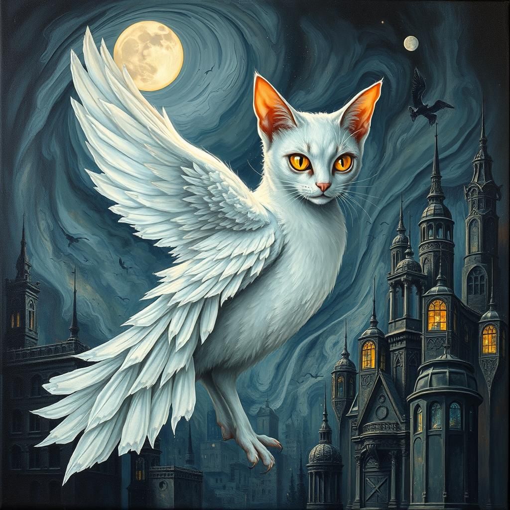 Glowing Fairy Elf Cat Dove in Dystopian Cityscape