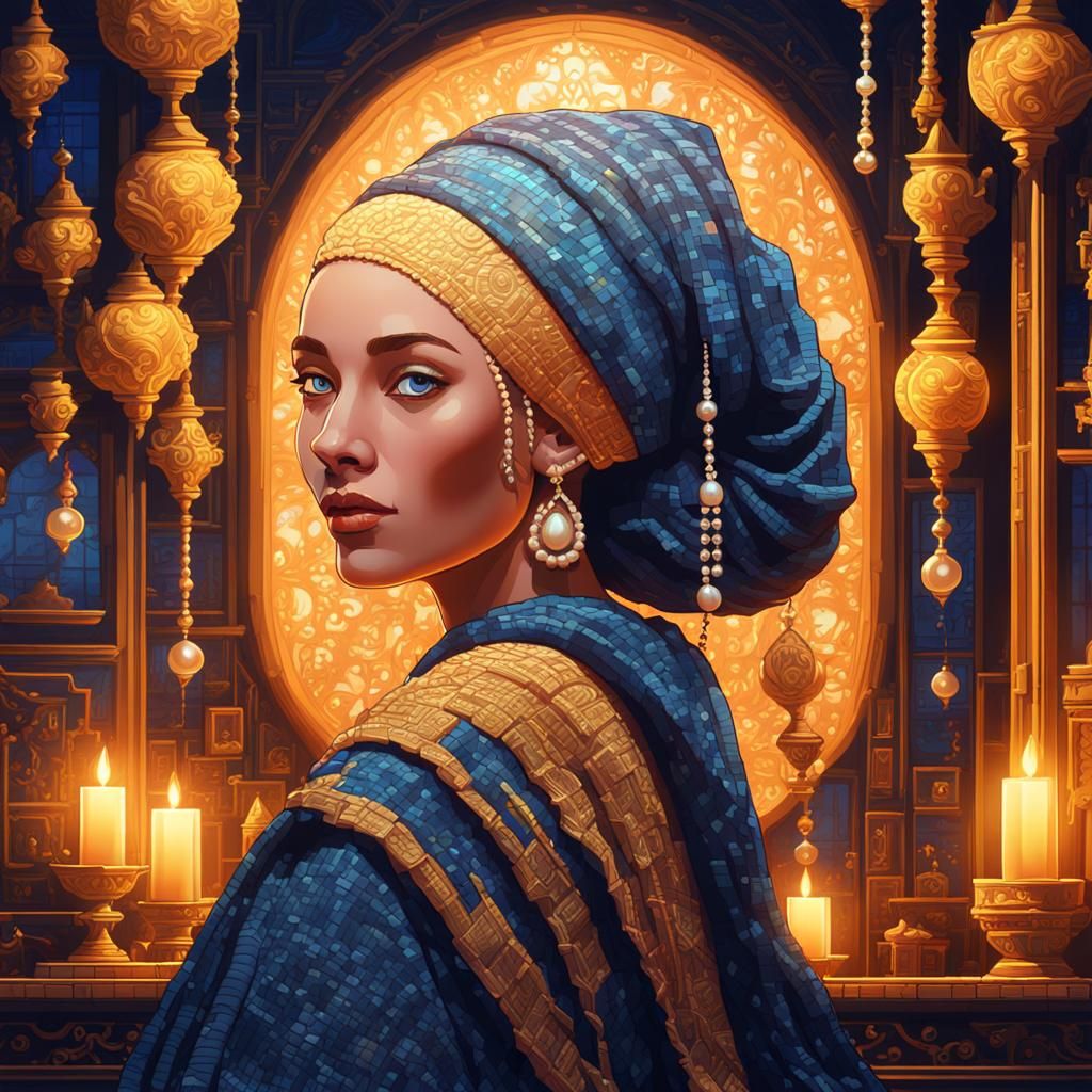 Girl with Pearl Earring: Detailed Pixel Art Portrait