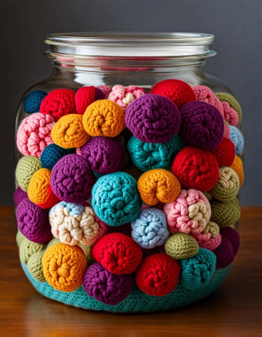 Jar of Crocheted Brains: Colorful Fiber Art