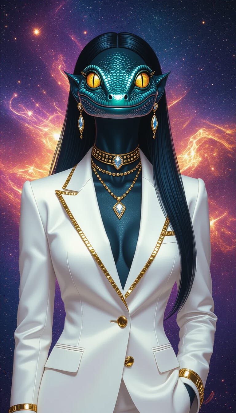 Iridescent Gecko Woman in Cosmic Style