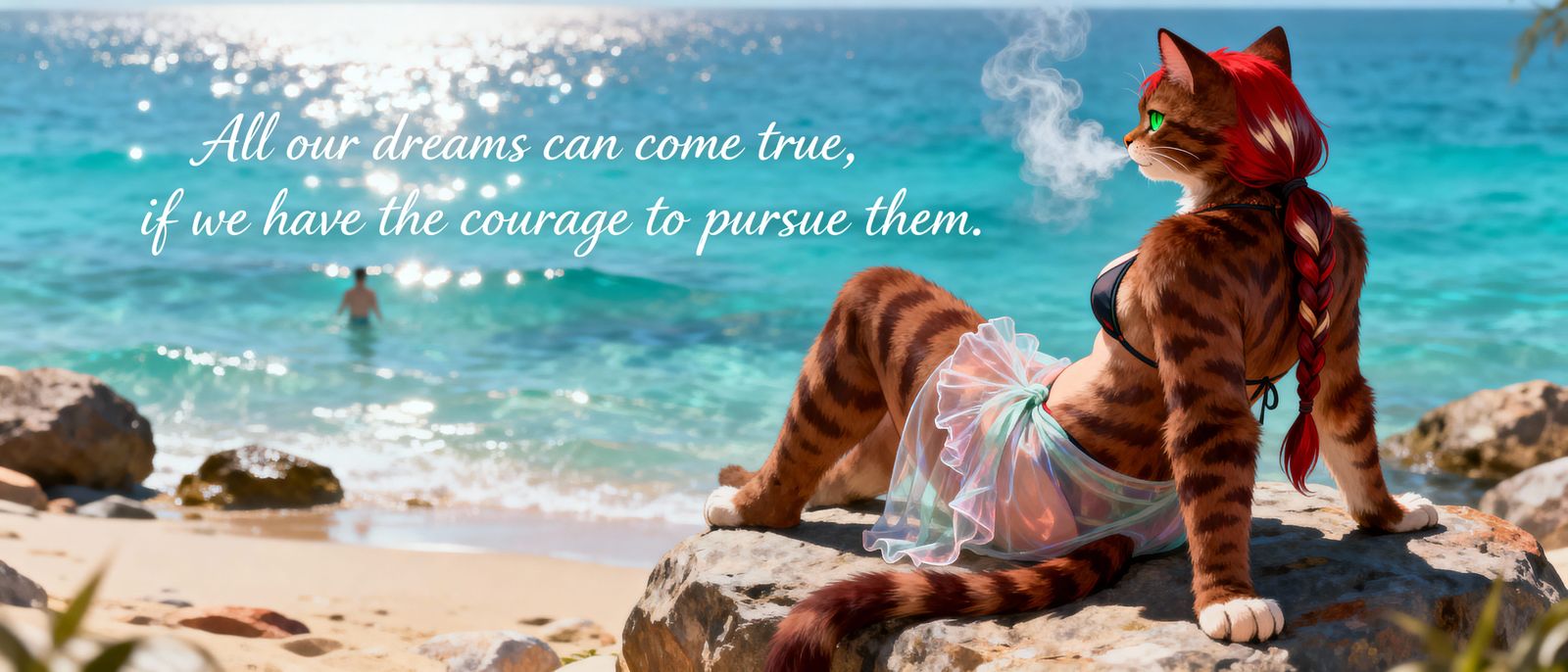 Furry Cat Woman Relaxing on Rocky Beach