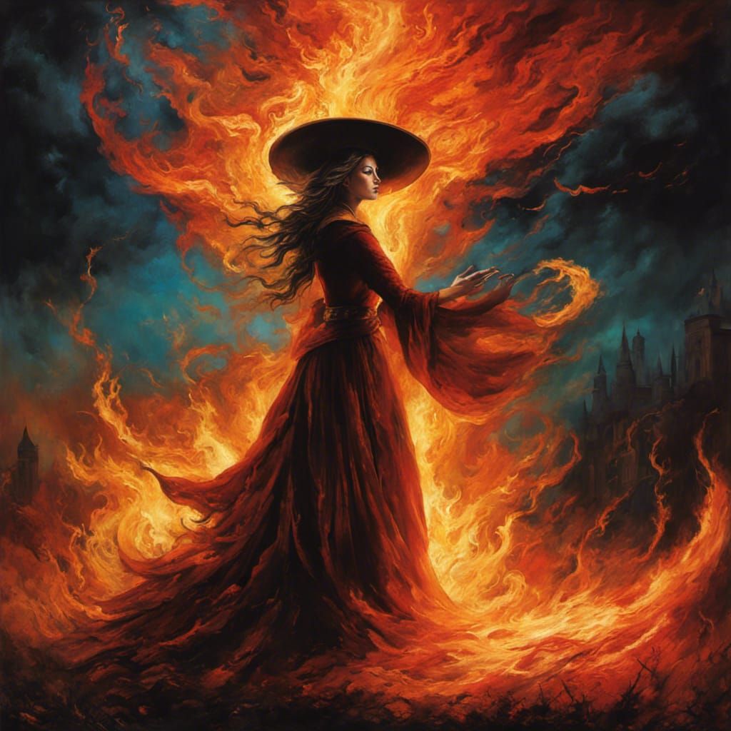 Defiant Witch Engulfed in Flames: A Vivid Spectacle