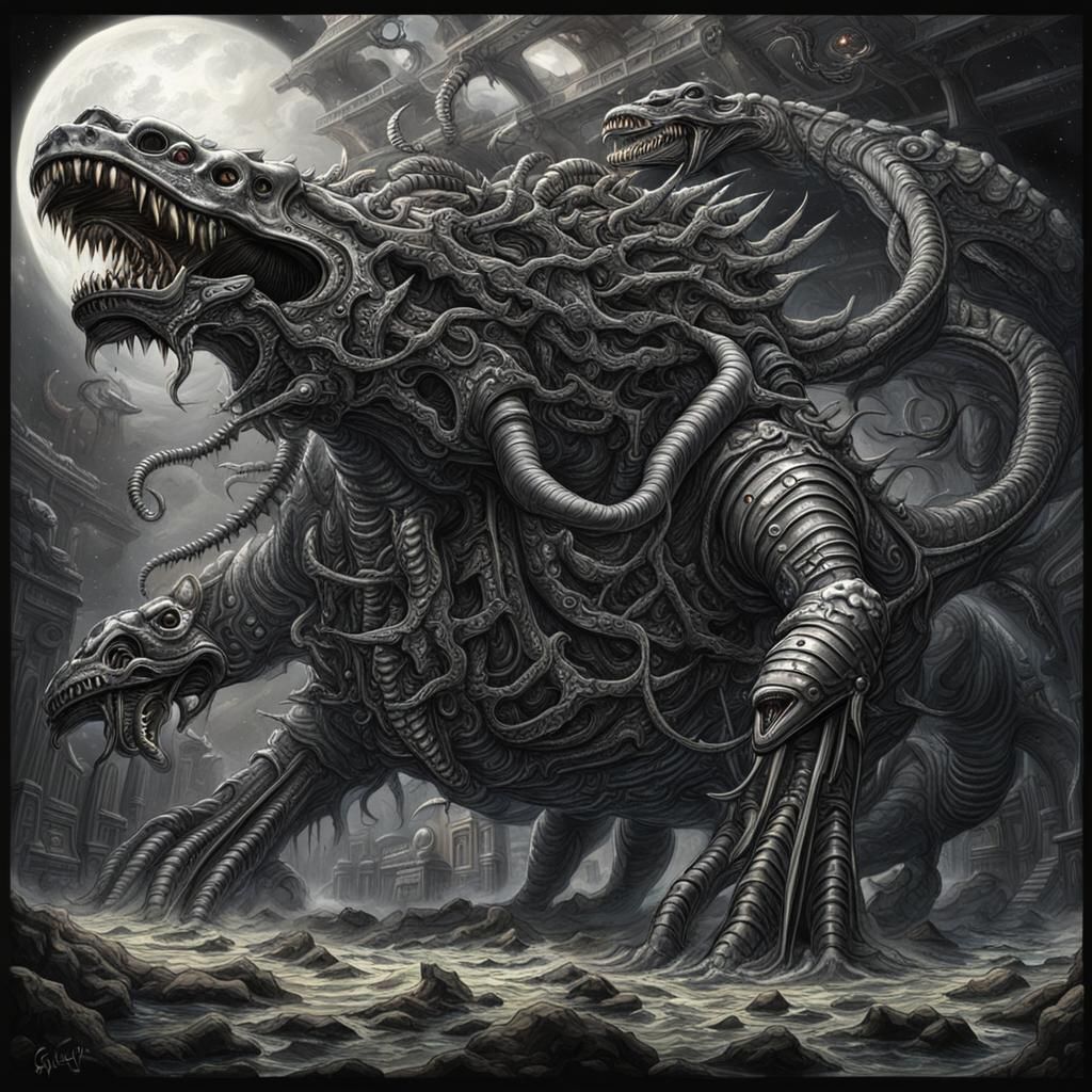 demonic hydra megalodon centipede centaur, exploding space station, h.r. giger style