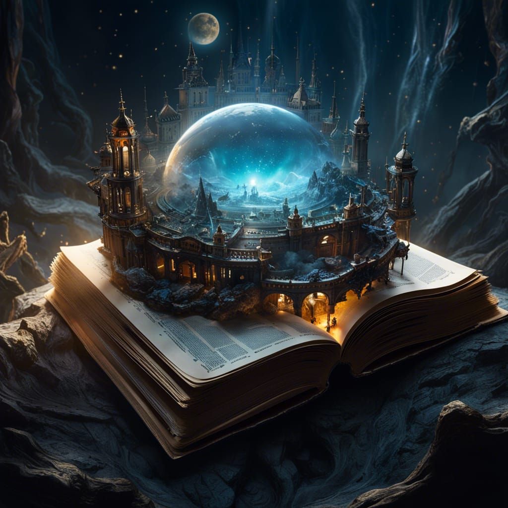 Miniature Sci-Fi World Emerging from Book