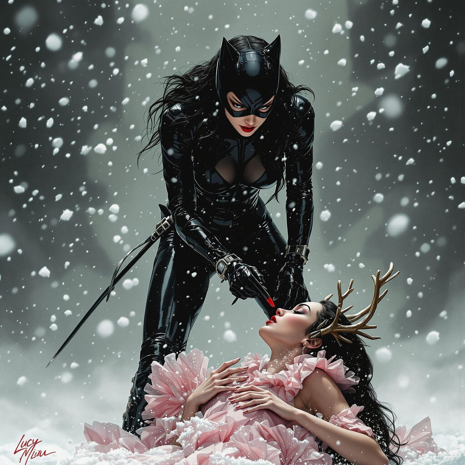 Confident Catwoman Dominates Dark Snowy Landscape