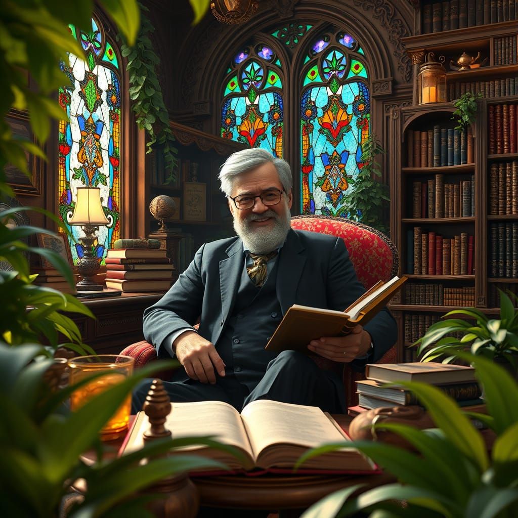 Intellectual Family Man in Vibrant Study Sanctuary